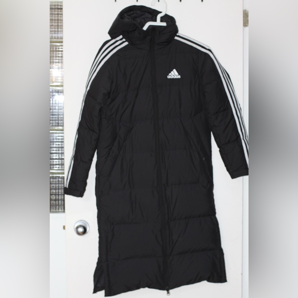 Adidas Black Puffer Jacket with White Stripes